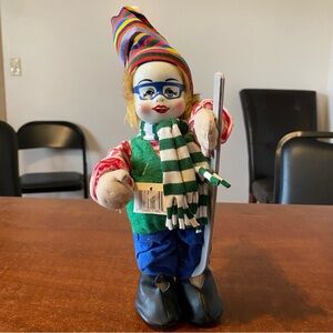 Porcelain Face Doll Clown With Skis Standing Decor 9" Vintage